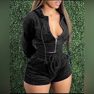 Black Zip-Up Hoodie and Shorts Set